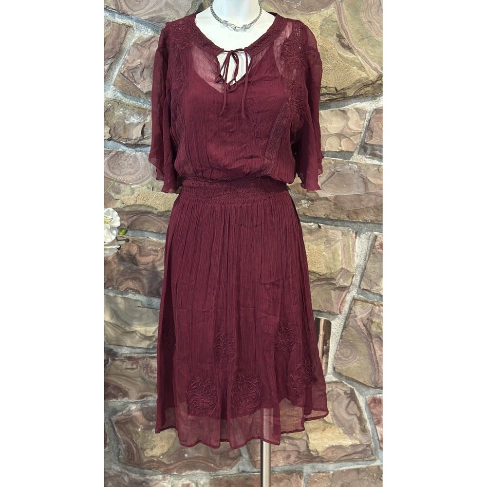 Sundance Cotton Blend Short Sleeve Button Front Midi Dress PM tint slip Under